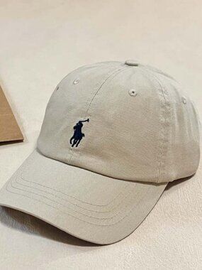 Ralph Lauren Beige Cotton Baseball Cap with Navy Polo Logo